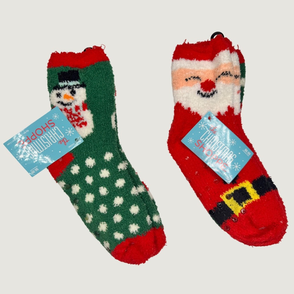 The Christmas Shoppe 2 Pack Fuzzy Santa Snowman Gripper Socks Big Kid 6-9 NWT